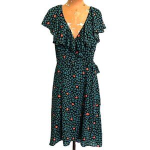 ANTHROPOLOGIE HD in Paris Turquoise Black Print Flutter Sleeve Dress Womens Sz 6